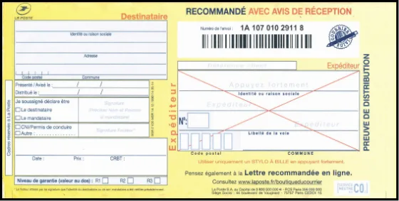 Recto d’un formulaire de lettre recommandée avec avis de réception
